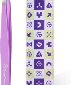 GlamTweeler - Pinzas de punta inclinada con funda de cuero, pinzas afiladas y de precisión de acero inoxidable para cejas, vello facial y depilación fina (violeta)