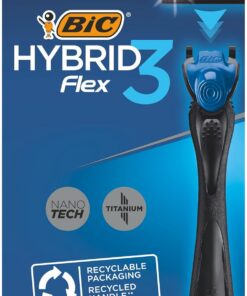 BIC Hybrid 3 Flex - Kit de maquinilla de afeitar recargable para hombre, mango de plástico reciclado 90% y recambios de 3 cuchillas - Caja de 1+2