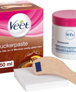 Veet Pasta de azúcar pura con aroma a flor de vainilla, pasta de azúcar para la depilación en cuerpo y cara, 1 x 250 ml, incluye espátula de madera y tiras de tela