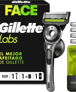 GilletteLabs Maquinilla de Afeitar para Hombre con 5 Recambios | Mango de Metal con Barra Exfoliante Integrada, 5 Cuchillas con Banda Lubricante, Estuche de Viaje Y Colgador de Pared
