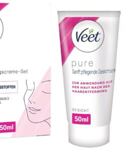Veet Pure Depilación Facial - Crema para el labio superior, mejillas y cejas, piel normal, 50 ml, crema depilatoria, crema nutritiva y espátula