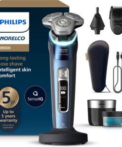 Philips Norelco Shaver i9000 Prestige, afeitadora eléctrica en seco y húmedo, Mystic Aqua, tecnología SenseIQ, sistema de triple elevación y corte, cuchillas de precisión de acero dobles giratorias de