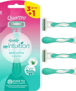 Wilkinson Sword - MyIntuition Smooth Sensitive Quattro - Maquinilla de afeitar desechable - Afeitadora de 4 cuchillas para mujer - 2 tiras lubricantes con aloe vera y vitamina E - Pack 3+1