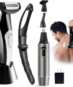 Afeitadora eléctrica de espalda para hombres con mango largo de alcance extremo recargable, aseo corporal sin esfuerzo y recortadora multifuncional de vello de nariz