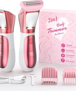 Recortadora de bikini 2 en 1 para mujer, maquinilla de afeitar eléctrica 2 en 1, IPX7, impermeable, recortadora de vello corporal con luz LED de espejo y pantalla, depilación púbica sin dolor (blanco)