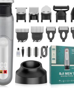 SUNNOW Recortadora de pelo corporal eléctrica 5 en 1, recortadora de ingle para hombres, recortadora de barba para hombres, afeitadora húmeda y seca, impermeable con luz LED, regalos para marido y