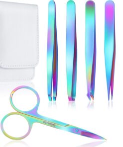 Juego de 6 pinzas para cejas arco iris con tijeras curvas, cepillo de pestañas de acero inoxidable para quitar cejas para mujeres y niñas, herramienta de belleza diaria con estuche de almacenamiento