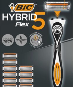 BIC Hybrid 5 Flex Maquinilla Recargable para Hombre, 1 Mango con Contrapeso y Recambios de Hojas Móviles Recubiertas de Titanio con Nanotecnología - Pack de 1+10