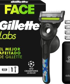 GilletteLabs Maquinilla de Afeitar Hombre con 5 Cuchillas de Recambio | 1 Mango UEFA Champions League Special Edition con Barra Exfoliante + 5 Recambios, 1 Estuche de Viaje Y 1 Colgador de Pared
