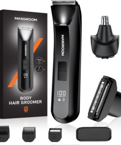 MAXGROOM Manscape - Recortadora de vello corporal y púbico 3 en 1 para hombres, IPX7, impermeable, con luz LED, maquinilla de afeitar eléctrica con bolsa de viaje y recargable por USB, regalos de