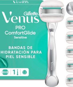 Gillette Venus Comfortglide Sensitive Maquinilla de Afeitar + 6 Recambios | Cuchillas de Afeitar Mujer, 1 Mango de Metal Y 6 Cuchillas de Recambio, Depilación Suave, Bandas Lubricantes con Aloe