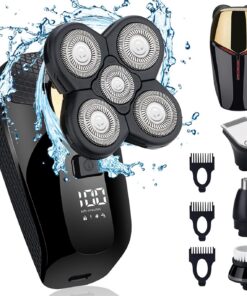 Juego de afeitadora eléctrica 4 en 1, afeitadora calva, húmeda y seca, inalámbrica, con recortadora de nariz y orejas, limpieza facial, recargable, resistente al agua IPX6