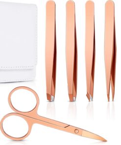 Juego de 6 pinzas para cejas con tijeras curvas, cepillo de pestañas de acero inoxidable, herramientas para quitar cejas para mujeres y niñas, herramienta de belleza diaria con estuche de