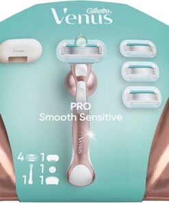 Gillette Venus Pro Smooth Sensitive - Juego de 4 cuchillas de mano + colgante de ducha + tapa protectora de viaje + bolsa de cosméticos