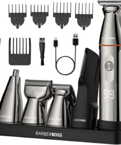 BarberBoss Recortadora de barba, Cabello para hombres, Kit cuidado de barba 5 en 1, Juego de recortadora, Maquinilla de afeitar de precisión, Recortadora de precisión, nariz, orejas y cuerpo, QR-6010
