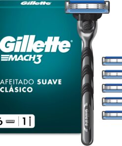 Gillette Mach3 Maquinilla De Afeitar Para Hombre Con Recambios, 1 Mango De Acero Inoxidable, 6 Cuchillas De Recambio Con 3 Hojas y Banda Lubricante | 1 Mango de Acero Inoxidable, 6 Cuchillas de Recambio con 3 Hojas Y Banda Lubricante para Un Deslizamiento Suave