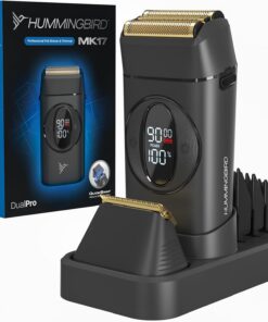HUMMINGBIRD MK17 DualPro - Afeitadora y recortadora de barba para hombre, cuchillas de titanio dorado, afeitado turbo y control de torsión, cuerpo de metal, batería digital y pantalla RPM, húmedo/seco