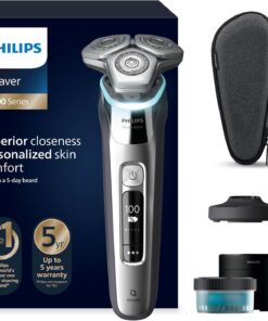 Philips S9000, Afeitadora Eléctrica Hombre, Máquina de Afeitar Barba en Seco y Mojado con Tecnología SkinIQ, Cortapatillas Desplegable, Centro de Limpieza, Soporte de Carga, Estuche de Viaje, S9975/54
