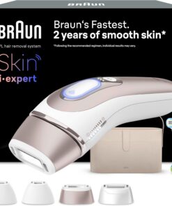 Braun Depiladora Luz Pulsada Skin i·expert Smart IPL, PL7387, Blanco/Bronce | Alternativa a Depiladora Laser con Inteligencia Artificial, Elimina el Vello en Casa, Neceser, Maquinilla Venus, 4 Cabezales