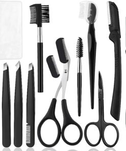 Kit de recortadora de cejas, tijeras de aseo, maquinillas de afeitar, peine de pestañas, cepillo en ángulo, juego de pinzas para cejas para mujer