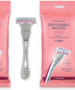 by Amazon Maquinillas de afeitar desechables de 3 cuchillas para mujer, color rosa, 4, 1 paquete (Paquete de 2)