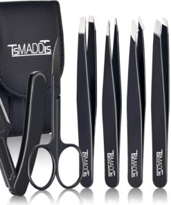 TsMADDTs Professional Stainless Steel Tweezers for Women and Men, 7 Pack Precision Tweezers for Eyebrows with Curved Scissors and Eyebrow Razor for Ingrown Hair