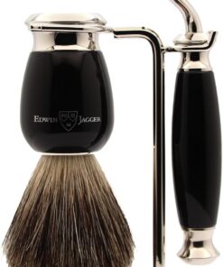 Edwin Jagger S81M586AMZ Set de Afeitado Clásico de Imitación de Ébano y Níquel con Brocha de Afeitar de Tejón Puro y Maquinilla Mach 3 para Crema o Jabón de Afeitar para Hombre y Mujer