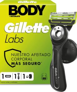 GilletteLabs Body + Intimate Maquinilla Corporal Hombre con 1 Cabezal | Mango de Caucho, Cuchilla con Barra Anti-vellos Encarnados, Soporte Magnético, Depilación Íntima, Afeitado Corporal Masculino