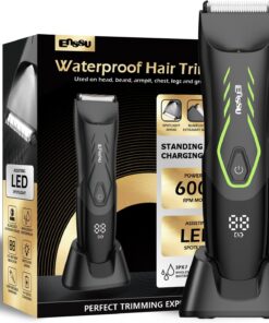 ENSSU Recortadora de vello corporal para hombres, recortadora de vello púbico para hombres con hoja segura, afeitadora de bolas inalámbrica para hombres con luz y base de carga, peluquería corporal