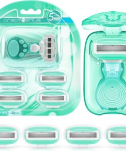DreamGenius Las maquinillas de afeitar de viaje para mujer incluyen 1 mango y 5 cartuchos, color verde | Maquinilla de afeitar extra suave de 5 cuchillas con estuche para afeitar