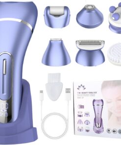 Qreeyx Depiladora para mujer, depiladora 7 en 1 para mujeres, afeitadora, bikini, maquinilla de afeitar facial, cepillo facial, masaje facial y exfoliante corporal, IPX7 impermeable, sin dolor, húmeda