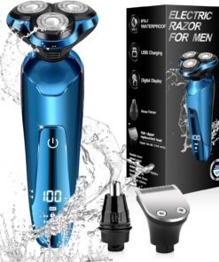 Maquinilla de afeitar eléctrica para hombre, inalámbrica, rotativa 3D, para rostro de hombre, impermeable, pantalla LED, regalo ideal para marido/papá/novio (azul)