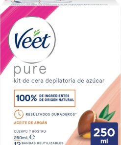 Veet Tarro Cera Depilatoria con Aceite de Argán para Todo Tipo de Pieles – Cuerpo y Rostro - 250 ml con Bandas de Tela Reutilizables
