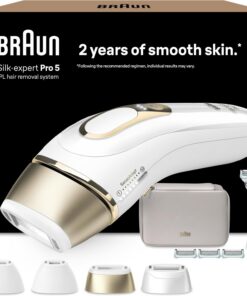 Braun Depiladora Luz Pulsada Silk-expert Pro 5, PL5358, Blanca/Dorada | Alternativa a Depiladora Laser, IPL con Funda, Maquinilla Venus, 4 Cabezales para Cara Y Cuerpo, Elimina el Vello en Casa