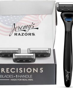 Jeremy's Razors for Men: Precision 5 Blade Razor - Stainless Blades, Lubricating Strip, Precision Trimmer - Men's Shaving Essentials Kit, Travel Shaver Face Body Head Shavers (1 Razor 4 Cartridges)