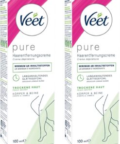 Veet Pure - Crema para depilación (2 unidades, para cuerpo, brazos y piernas, crema depilatoria para piel seca, mínimo de ingredientes y aroma agradable, 2 x 100 ml)
