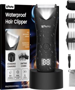 ENSSU Recortadora de vello corporal para hombres con luz, IPX7 impermeable, bola púbica para hombres con hoja de cerámica, peluquero corporal recargable para hombre con base de carga y pantalla LED