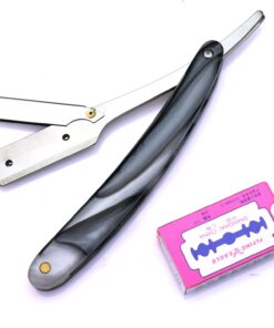 Cuchilla de afeitar de garganta de corte recto de color gris, incluye 1 caja de cuchillas de afeitar de un solo borde
