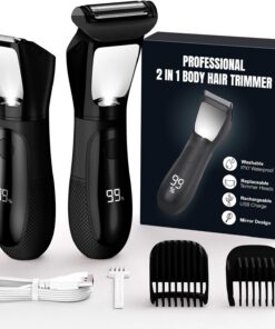 Recortadora de bikini para hombre, maquinilla de afeitar eléctrica 2 en 1, IPX7, impermeable, con espejo, luz LED y pantalla, depilación púbica sin dolor, color negro