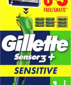 Gillette Sensor 3+ Sensitive Maquinilla de Afeitar Hombre con 9 Recambios | 1 Mango Ergonómico + 9 Cuchillas de Afeitar, Cabezal Pivotante, Cuchilas con 3 Hojas Y Banda Lubricante para Piel Sensible
