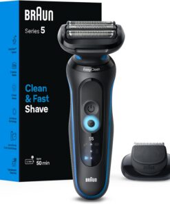Braun Afeitadora eléctrica para hombre, serie 5 5118s, afeitado húmedo y seco, modo de afeitado turbo, afeitadora de aluminio, diseñada en Alemania, con recortadora de precisión, azul