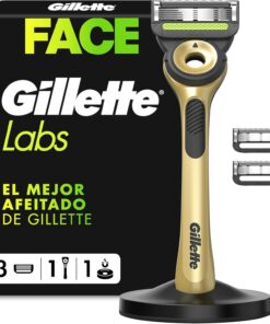 GilletteLabs Maquinilla de Afeitar Champion Gold Edition con 3 Recambios | 1 Mango de Metal con Barra Exfoliante Integrada, 3 Cuchillas de Afeitar con Banda Lubricante, 1 Soporte Magnético