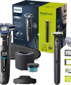 Philips Serie 7000 Afeitadora Eléctrica Hombre, Máquina de Afeitar Barba con Recortadora, 60min de uso, En Seco y Húmedo, Recargable, Centro de Limpieza, Base Carga, OneBlade, Funda, S7887/78, Gris