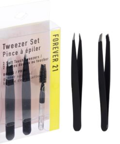 Forever 21 Juego de 3 pinzas negras y carrete de purpurina – Pinzas de depilación, juego de pinzas angulares y puntiagudas, pinzas de precisión y juego de carretes de pestañas