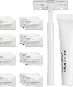 World Amenities Kit de afeitado (bolsita transparente satinada) – Servicios del hotel 288 piezas – incluye afeitadora de doble hoja y crema de afeitar hidratante