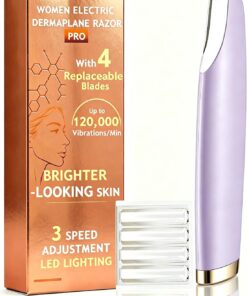 Maquinilla de afeitar profesional Dermaplane para mujer, herramienta de dermaplaning de 3 velocidades para pelusas de melocotón y exfoliación, color morado | Herramienta de dermaplaning de 3 velocidades, 8 cuchillas de recambio