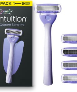 Wilkinson Sword Intuition Quattro - Maquinillas de afeitar para piel sensible para mujer, paquete de inicio, mango de afeitar para mujer más 5 recambios de cuchillas