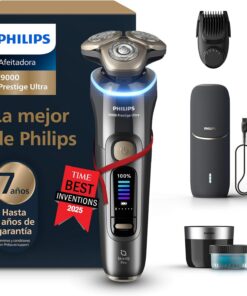 Philips i9000 Prestige Ultra, Afeitadora Eléctrica Hombre, Máquina de Afeitar Barba en Seco y Húmedo, Tecnología SkinIQ Pro, Recargable, Centro de limpieza, Recortador, Estuche de Carga UV, XP9402/46