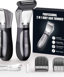 Recortadora de bikini para mujeres y hombres, afeitadora eléctrica 2 en 1, IPX7 impermeable, recortadora de vello corporal con espejo, luz LED y pantalla, depilación púbica sin dolor, color