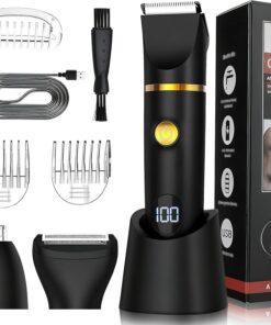 Recortadora de vello corporal 3 en 1 para hombre, sin dolor, versátil, recargable por USB, con 3 cabezales, 3 peines, kit de maquinilla de afeitar eléctrica impermeable IPX6 con pantalla digital LED